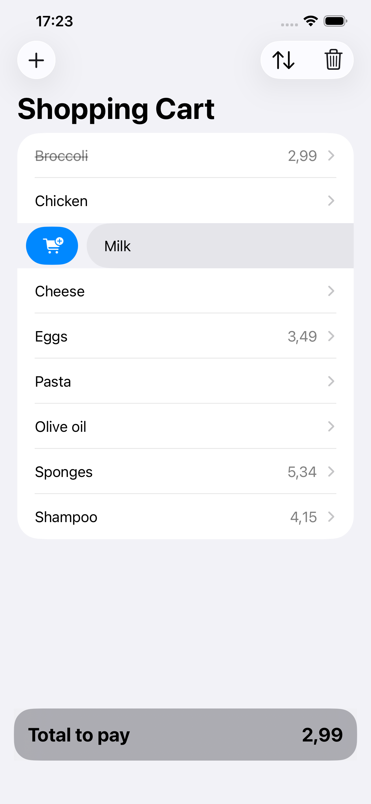 Shopping Cart Made Easy — shopping list screen